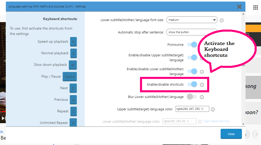 Keyboard short cuts on language learning app