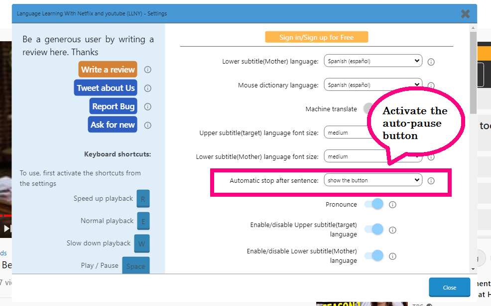 The auto pause button on language learning apps