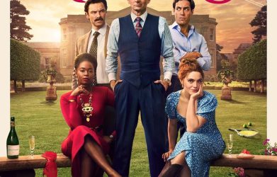 Main characters of Disney+ Original Series 'Rivals' standing in a garden, dressed in elegant attire.