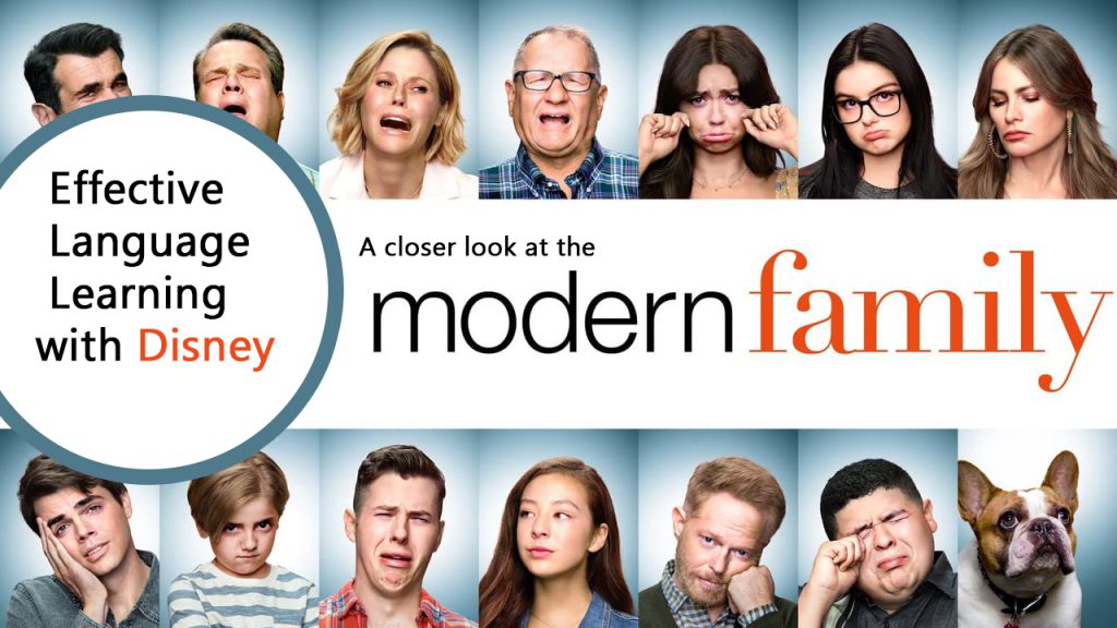 "Modern Family cast promotional image for learning English with Disney."