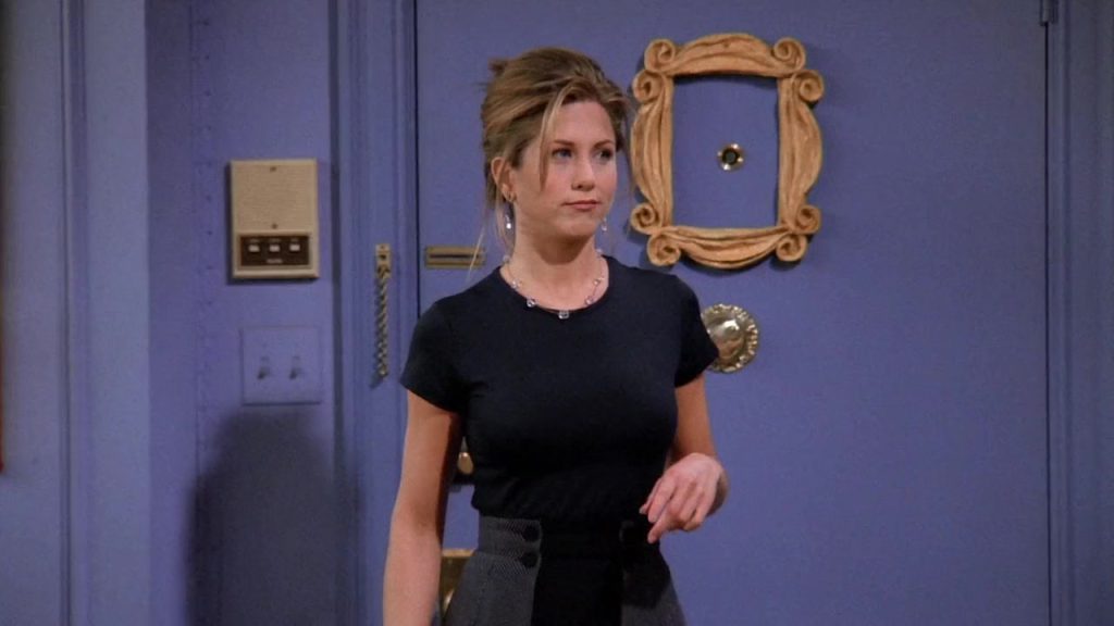 Rachel standing by the door in Friends S01E24, a scene full of cultural nuances for Film Language Study.