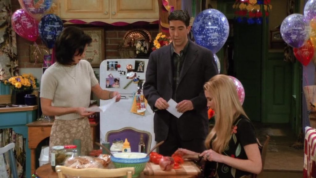 Film Language Study Scene with Ross, Monica, and Phoebe in Friends S01E24 Ross, Monica, and Phoebe preparing for Rachel’s birthday in Friends S01E24, perfect for Film Language Study.