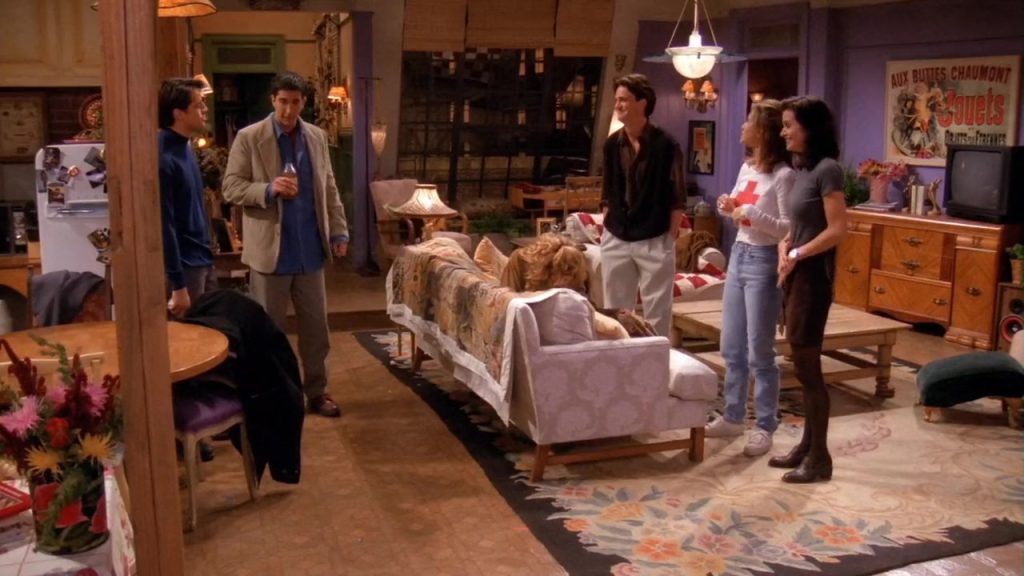 Friends cast gathered in Monica and Rachel's apartment in Season 1 Episode 6.