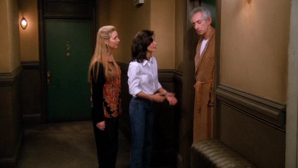 "Monica and Phoebe with Mr. Heckles in Friends S01E19—a classic moment for film-based language learning."