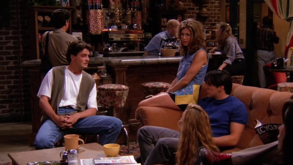Chandler, Joey, Rachel, and Monica chatting at Central Perk in Friends Season 1, Episode 5.