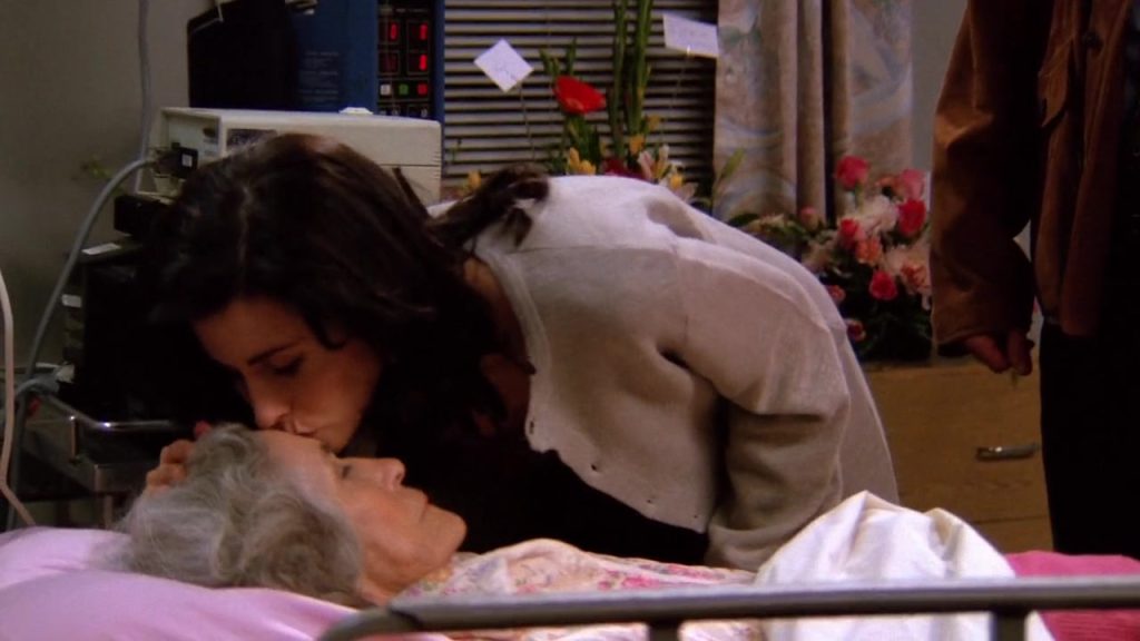 Monica kissing Nana on the forehead in the hospital from Friends S01E08.