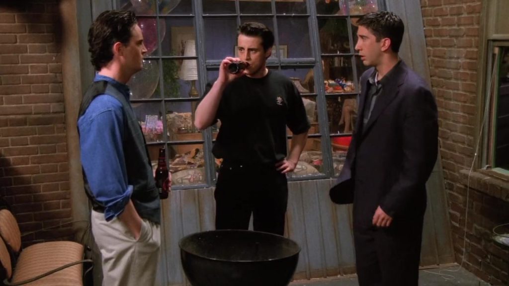 Language Learning With Netflix Balcony Scene in Friends S01E24 Ross, Joey, and Chandler on the balcony in Friends S01E24, a key scene for Language Learning With Netflix.