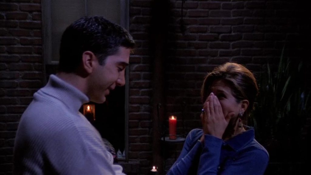  Ross and Rachel on the balcony during a blackout in Friends S01E07.