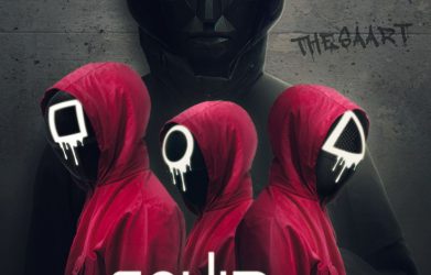 Squid Game poster showing masked guards in red suits and the Front Man in black.