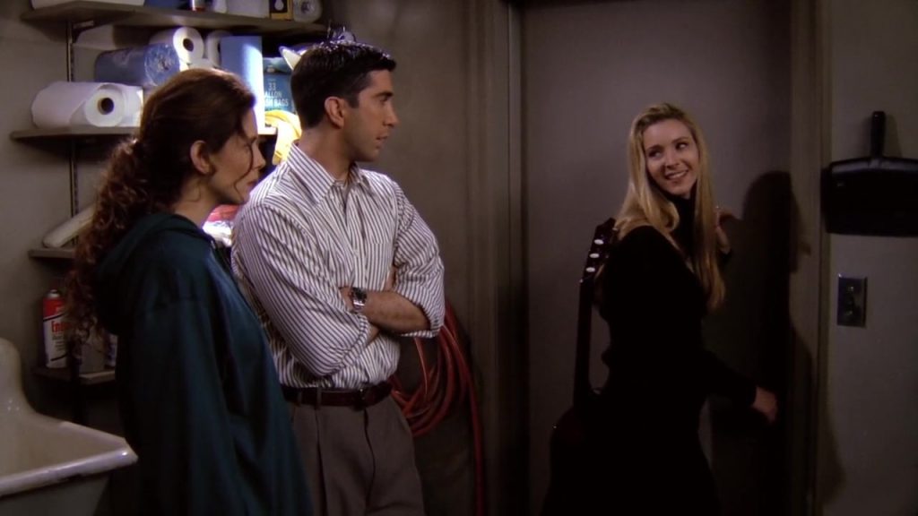 Ross, Susan, and Phoebe in the storage room scene from Friends S01E23, ideal for Language Learning With Netflix.