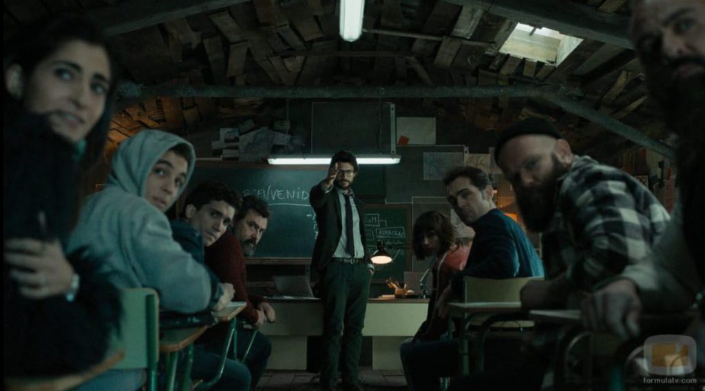 "Money Heist classroom scene for learning English via film with Netflix."