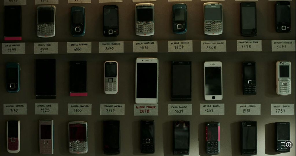 Money Heist wall of confiscated phones for learning English via film