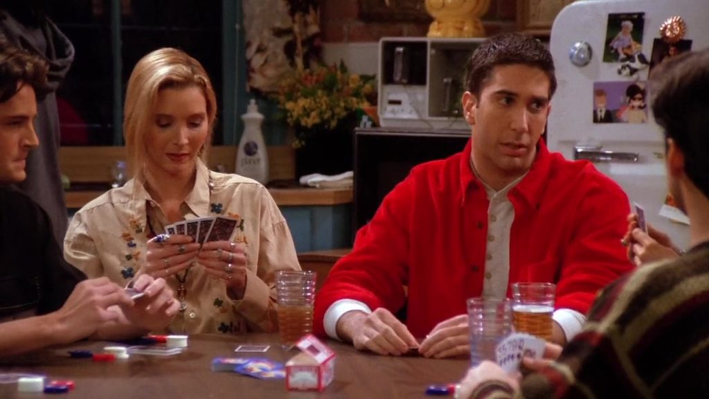 Friends Season 1 poker game scene where Ross and Phoebe learn vocabulary from dialogues.