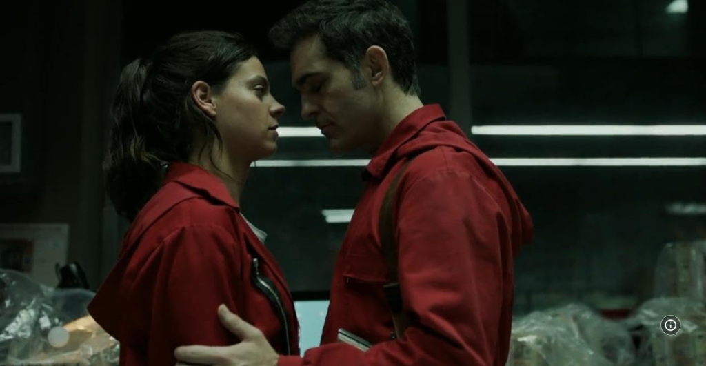 A dramatic moment between two characters in Money Heist S01(Part02) E13, perfect for learning languages through movies.