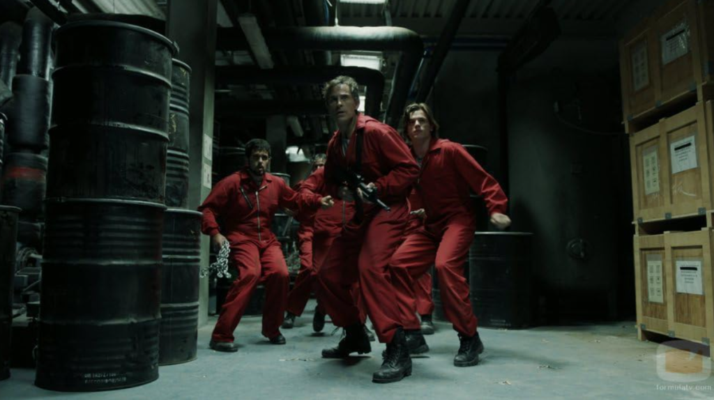 A dramatic action scene from Money Heist, showcasing opportunities for movie-based language practice.