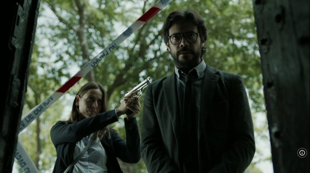 A suspenseful scene featuring a confrontation in Money Heist S01(Part02) E13, making it a great movie for language learning.