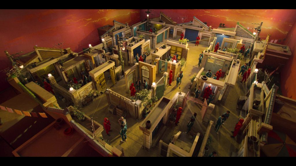 Overhead view of a brightly lit traditional Korean neighborhood game set.