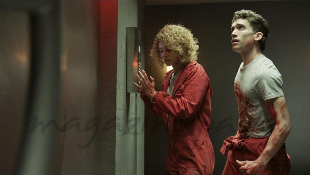 Netflix language lessons with a tense scene featuring two characters in red jumpsuits.
