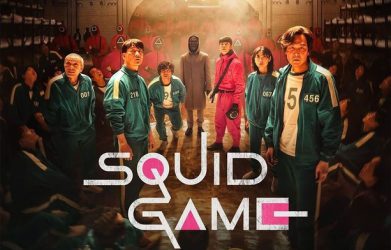 "Main cast of Squid Game Season 1 in green tracksuits with Squid Game logo in front."