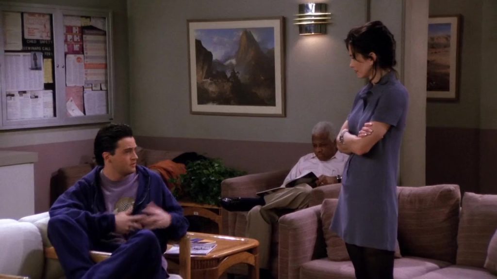 Chandler and Monica waiting in the hospital from Friends S01E23, part of Streaming Language Lessons.
