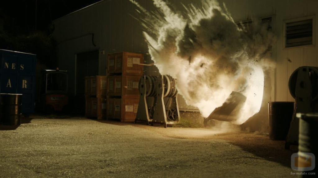An explosion from Money Heist, capturing the drama and intensity of streaming language practice.
