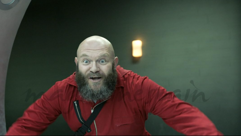 A character from Money Heist expressing excitement, showcasing streaming language practice with engaging visual storytelling.