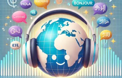 Illustration of a globe with headphones and multilingual greetings, representing language learning with podcasts.