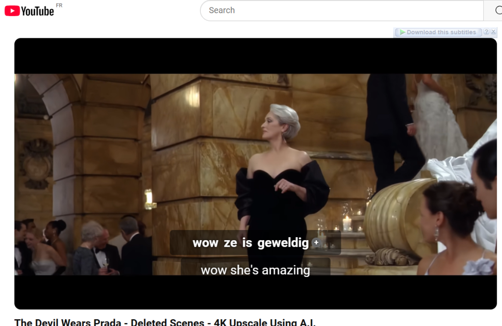 A scene from the Devils wear Prada featuring dual subtitles to enhance language learning.