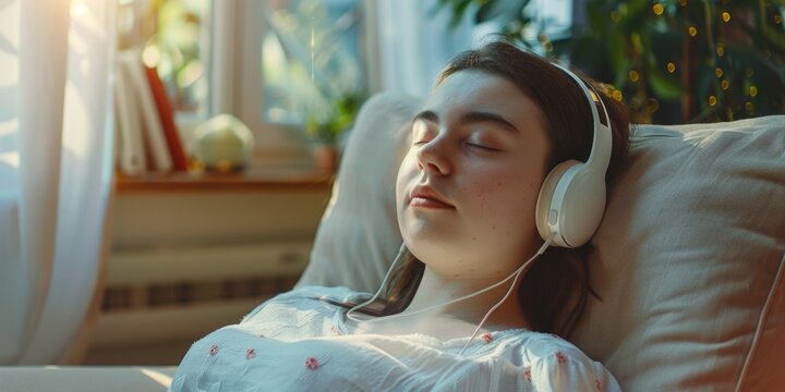 A woman in a white dress lying on a couch with white headphones, listening to a language learning podcast in a sunlit room.