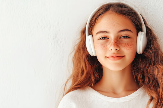 A smiling young girl with freckles and long curly hair, wearing white headphones, enjoying a language learning podcast.SEO Title: