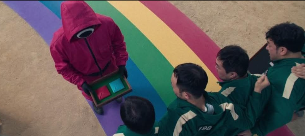 Squid Game players choosing between red and blue boxes