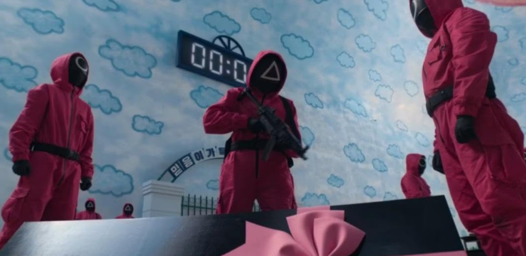 Squid Game guards standing by with weapons