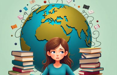 Illustration of English learning difficulty, featuring learners and books.