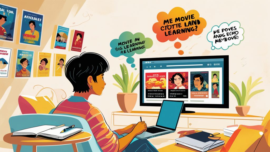 Vibrant illustration of a learner using movies for active language learning, featuring thoughts on “learning English journal” methods.