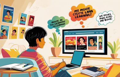 Vibrant illustration of a learner using movies for active language learning, featuring thoughts on “learning English journal” methods.