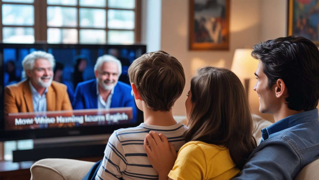  A family watching a foreign language TV show with subtitles to learn English vocabulary.