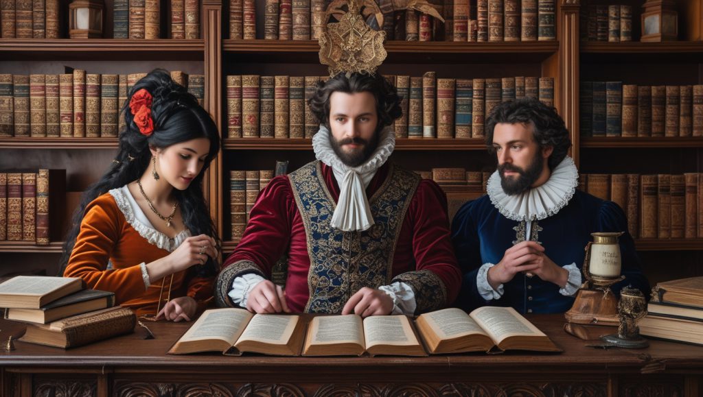 A group of scholars in period clothing surrounded by ancient books in a library.