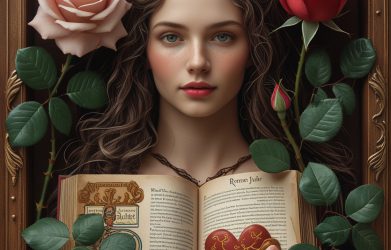 A young woman framed with roses and an open book, with the text 'Romeo and Juliet.'