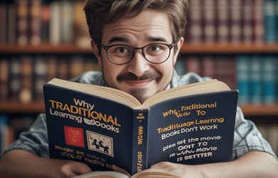 A smiling learner with glasses reading a book titled “Why Traditional Language Learning Books Don’t Work.”