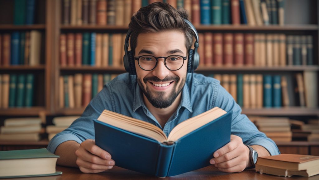A learner with headphones reading a book, blending traditional learning with AI-powered listening tools.