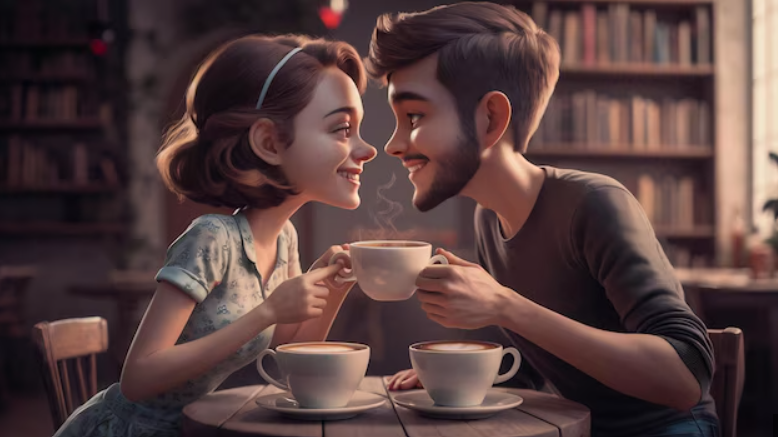 A cartoon-style illustration of a couple sharing coffee and smiling in a cozy cafe.