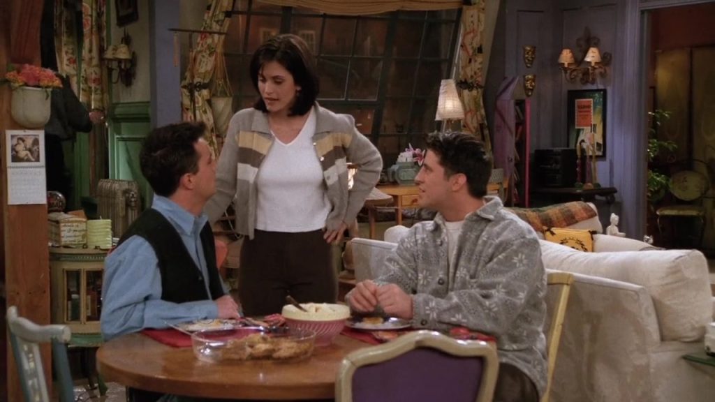 Monica talking to Chandler and Joey in Friends S02E20 about their plans