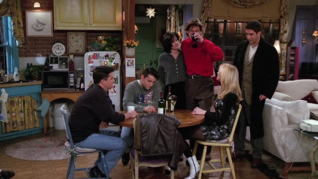 Friends cast sitting around the kitchen table, a scene perfect for film language study.