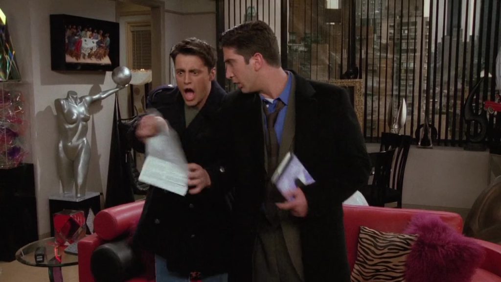 Joey and Ross from Friends S02E19 in a dramatic moment, ideal for learning conversational English vocabulary and phrases.