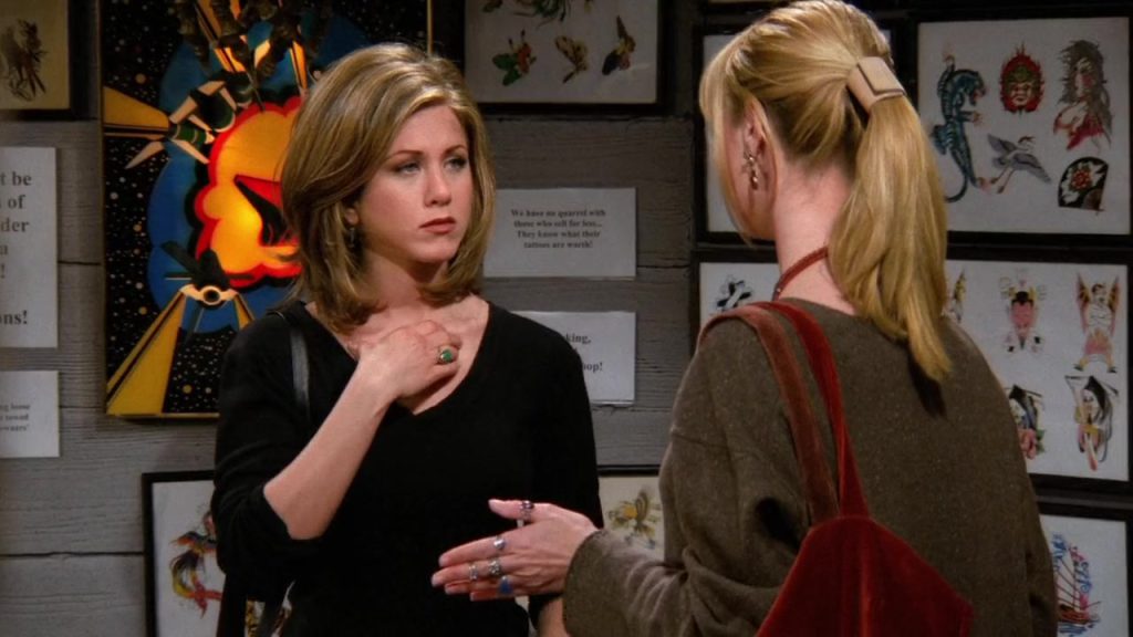 "Language learning with Netflix - Rachel and Phoebe discuss tattoos in Friends S02E16." "Rachel and Phoebe discuss getting tattoos in Friends S02E16, perfect for language learning with Netflix."