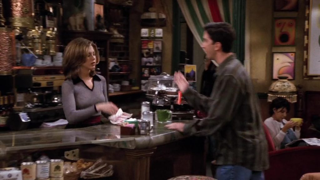 Ross and Rachel talking at the coffee shop in Friends S02E14, a great movie scene for language learners.