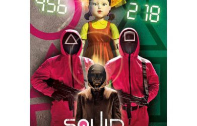 Squid Game poster featuring iconic characters and symbols.
