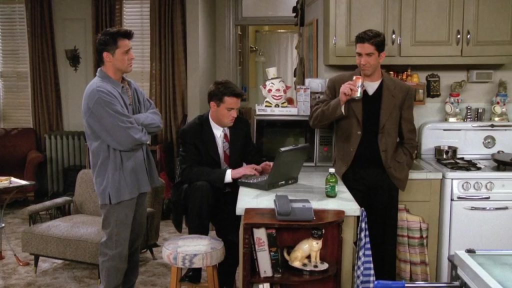 Joey, Chandler, and Ross in their apartment from Friends S02E08 – great for language learning with movies.