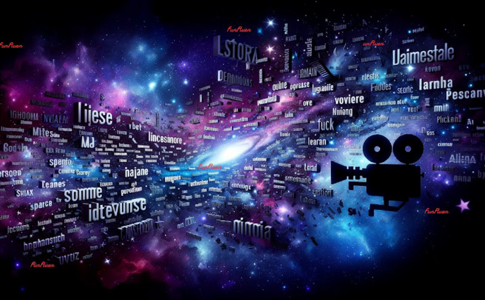 Galaxy-themed visual showcasing Funfluen's movie-based language learning platform.