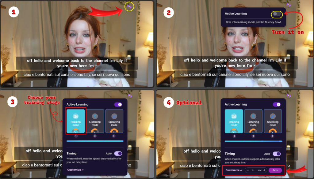 Screenshot of Funfluen's Fluency Gym interface displaying learning modes (Active Learning, Reading, Listening, Speaking) and subtitle timing settings. Features include multilingual text (English/Italian), auto-subtitle delays, and customization options for immersive language practice.
